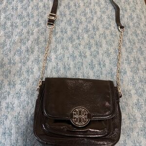 Tory Burch Black Patent Leather Crossbody with Logo Medallion